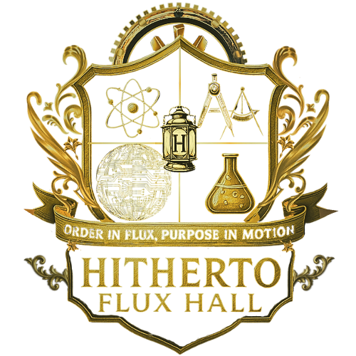 Flux Hall Academy Emblem Hitherto AI's Flux Hall Academy Emblem/Seal. Gold metallic emblem in the style of a prestigious school crest. Symbols included: atom, drawing compass, chemistry flask, sphere made of circuits. The crest is surrounded by decorative flourishes, topped with a